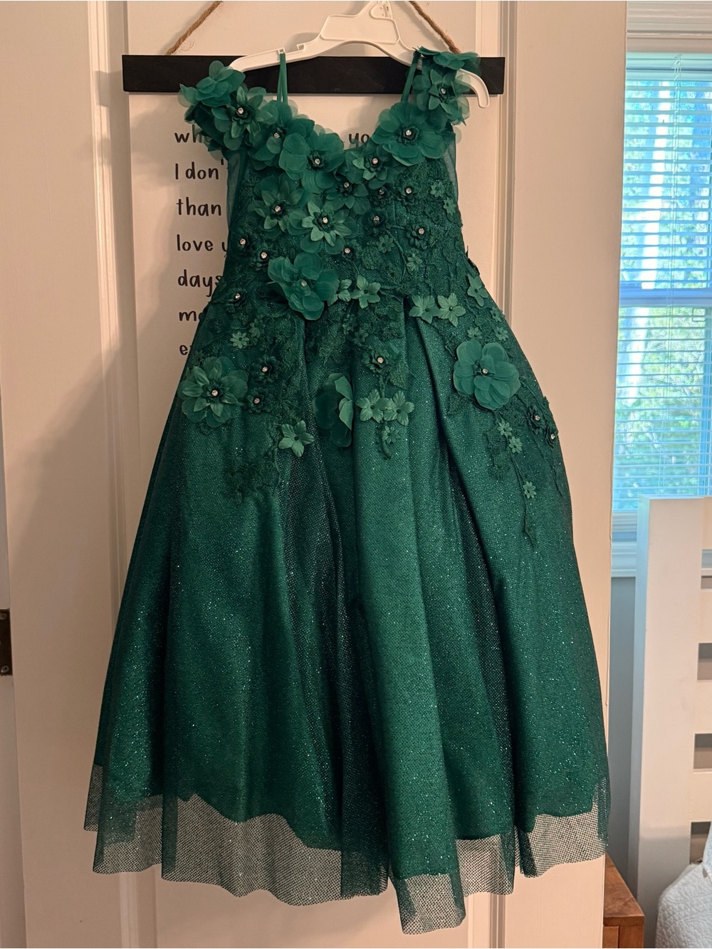 Girls Emerald Green Floral Lace & Tulle Party Dress